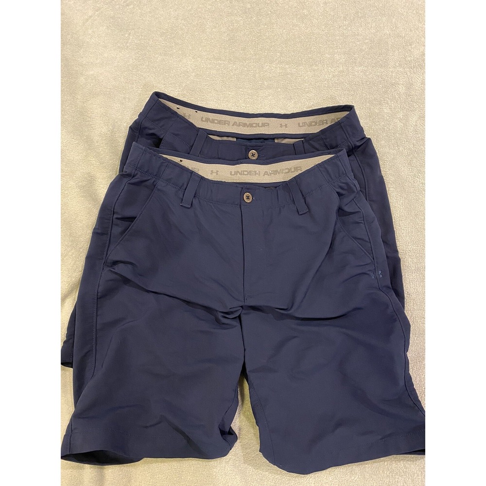 (2) Under Armour Shorts Mens 34 Navy Blue Loose Heatgear Flat Front Golf Chino